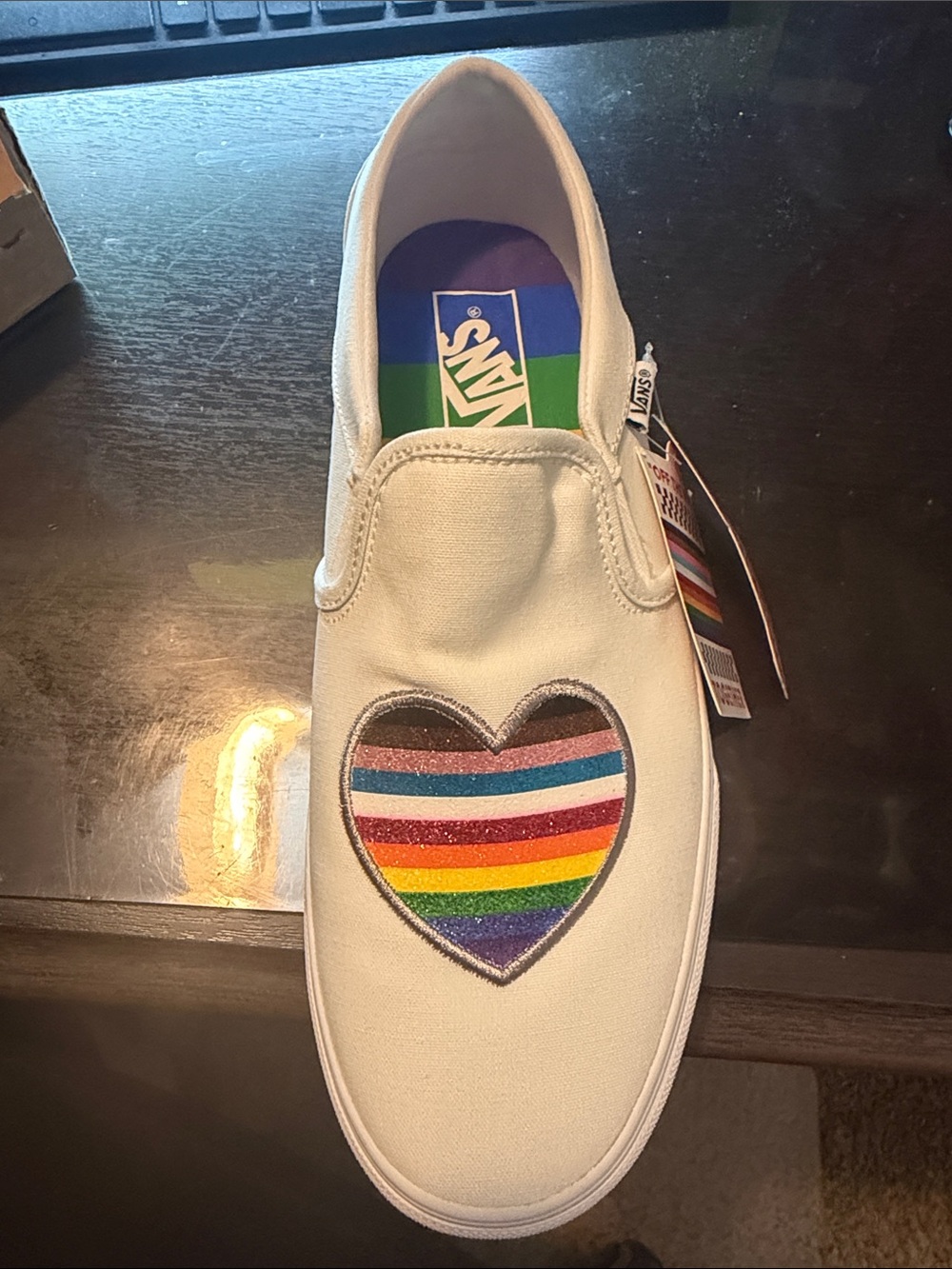 Vans White Slip-On with Rainbow Heart Patch